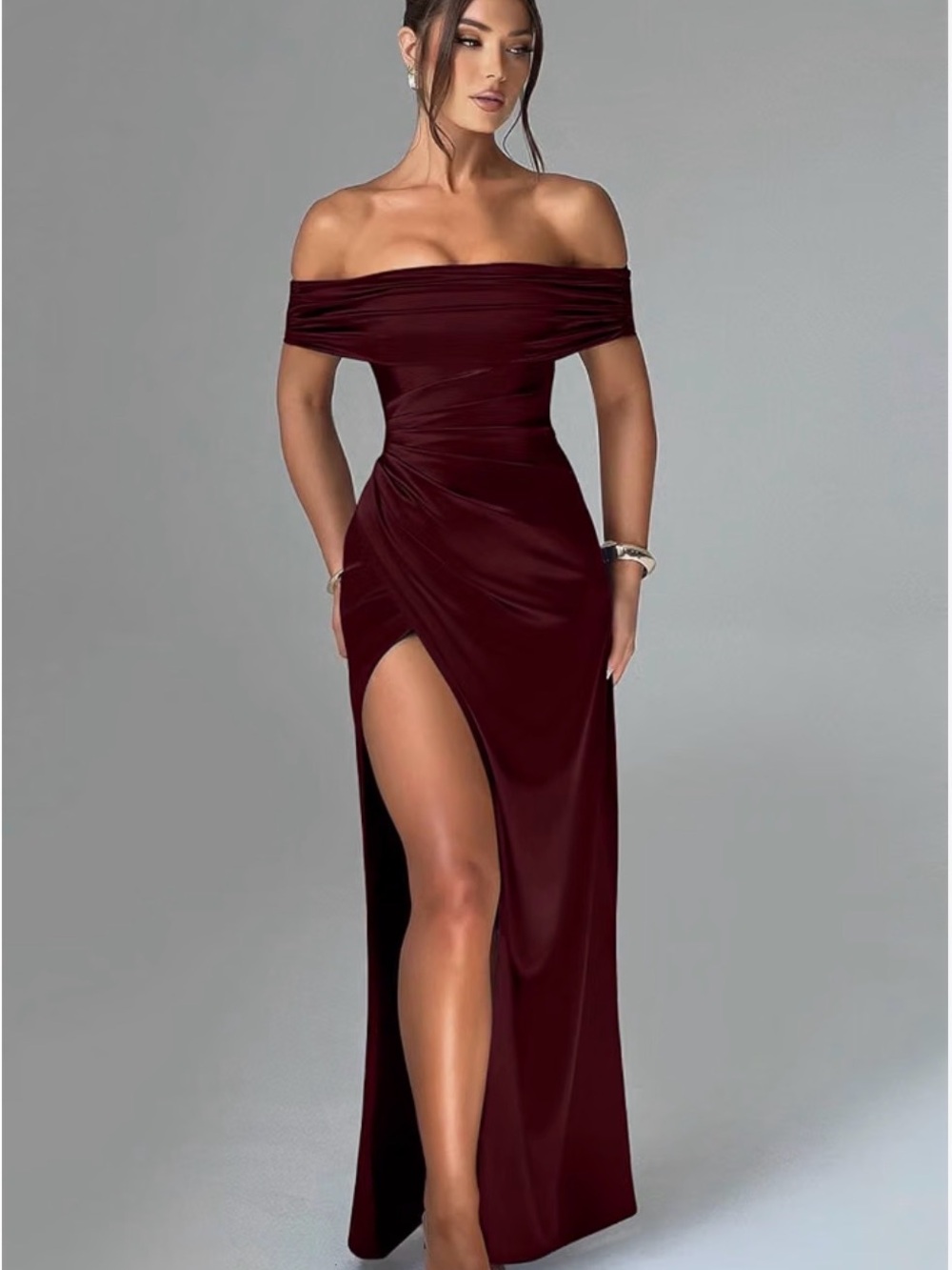 OYS Burgundy Off Shoulder Satin Maxi Dress Formal Gown Medium